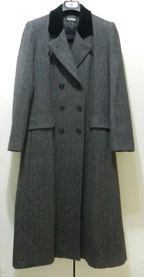 KAREN 100% Wool Gray Herringbone Tweed Double-Breasted Long Trench Coat Sz 8/10 - Image 1 of 4