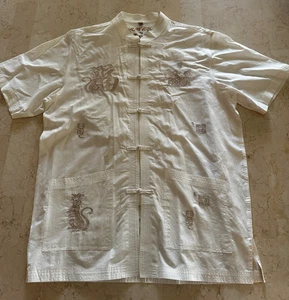 Vintage Asian Year Large White Cotton Shirt Nehru Collar Embroidered Symbols - Picture 1 of 12
