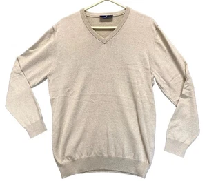 Luchiano Visconti Sweater Mens Large Beige Cotton Knit Ribbed Trim Winter V-Neck - Picture 1 of 11
