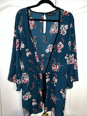 CASI FAMOSO Mujer Kimono Corbata Top Verde Floral Transparente Talla Grande 3X Fairy Boho Foto 1 de 4