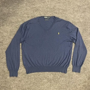 Polo Ralph Lauren V Neck Pima Cotton Sweater Mens XL Blue Yellow Pony Pullover - Picture 1 of 8