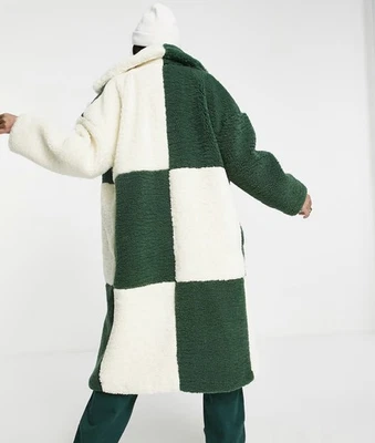 TOPSHOP 泰迪熊别致绿色和奶油长拼布夏尔巴外套 US 2 EUR 34 Exc — 第 1/4 张图片