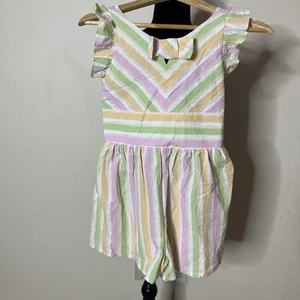 Girls Sz 12 Bonnie Jean Green Pink Yellow Silver Cotton Bow Ruffle Romper Outfit - Picture 1 of 5