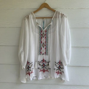 Kyla Seo Embroidered White Tunic Top V Neck Blouse S 3/4 Sleeve Sheer W/ Cami - Picture 1 of 11