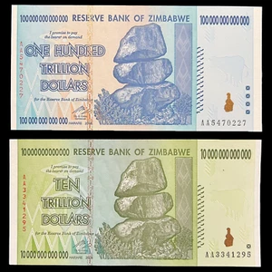 Billete de 10 y 100 billones de dólares de Zimbabue moneda hiperinflación - Imagen 1 de 15