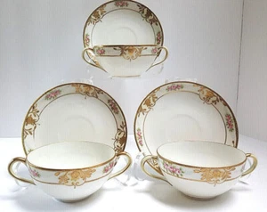 Vintage Nippon Cream Soups w/Saucers~Pink Roses~Filigree Moriage~Set of 3 - Picture 1 of 7