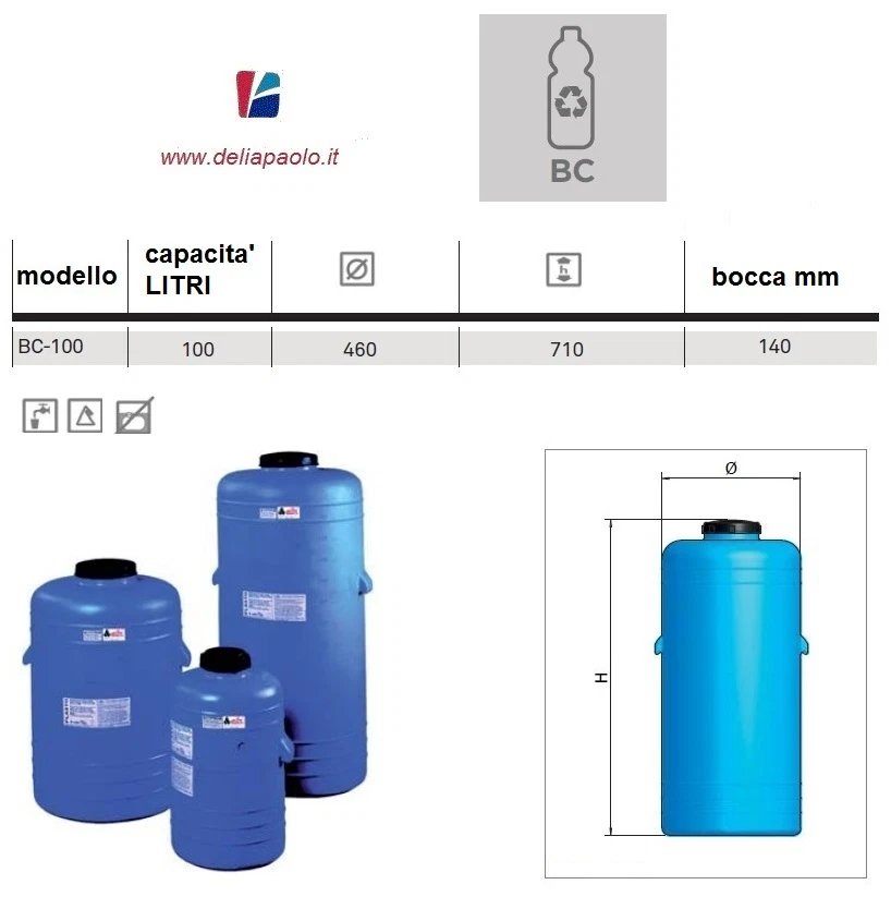SERBATOIO VERTICALE CISTERNA ACQUA BC 100 LITRI CILINDRICO ELBI BARILOTTO - Immagine 1 di 1