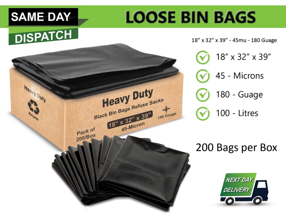 100 LITRE HEAVY DUTY BIN BAGS REFUSE SACKS STRONG THICK RUBBISH BAGS BIN LINERS - Image 1 of 1