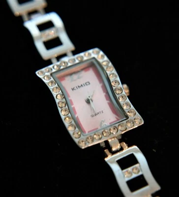 New ladies' pink sunken dial free form rhinestone encrusted quartz wristwatch - Image 1 of 3