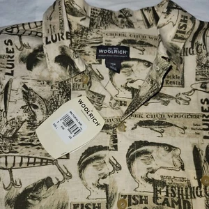 NWT Woolrich Mens Sz L Camp Shirt Olive Fish Signs Linen Blend Short Sleeve - Picture 1 of 17