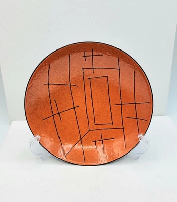 Vallenti Italy Enamel on Copper Plate Orange Bowl  Abstract Black Lines MCM - Image 1 of 4