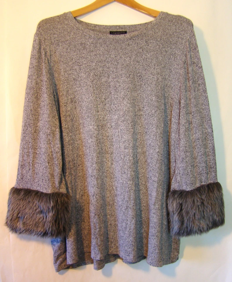 Lane Bryant Top Women's 22/24 Pullover Heathered Gray Faux Fur Cuff  - Image 1 of 4