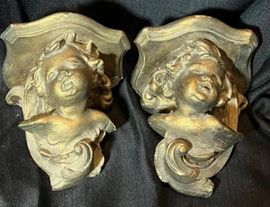 Vintage Set Pair of Two 2 Cast Plaster Wall Bracket Shelves Cherub Putti Angels - Picture 1 of 1