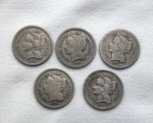 3 Cent Nickel Lot 1865 1866 1867 1868 1869 Three Cent United States Type Coins - Picture 1 of 2