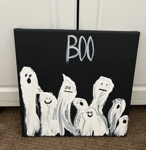 “BOO” GHOST PAINTING -Handpainted Fall/HALLOWEEN- 12x12 Canvas Wall,DECOR 12x12" - Picture 1 of 3