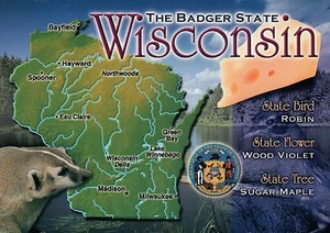 Wisconsin State Map, Madison, Milwaukee, Green Bay, Badger, WI, Seal -- Postcard - Picture 1 of 2