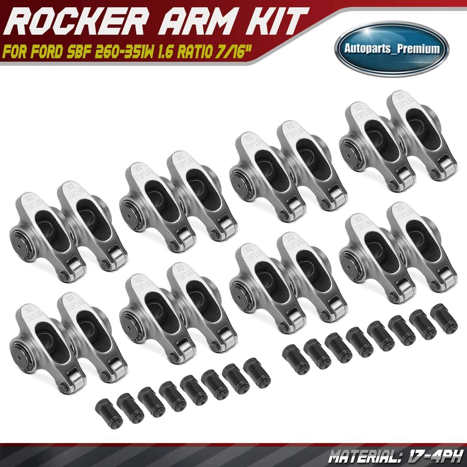 16Pcs 17-4PH Roller Rocker Arms for Ford SBF 260-351W 1962-2001 1.6 Ratio 7/16" - Image 1 of 4