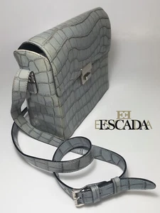 Vintage 90s ESCADA Grey Blue Croc Embossed Leather Crossbody Shoulder Bag ITALY - Picture 1 of 10