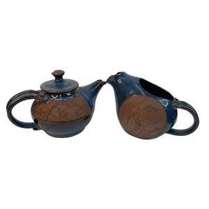 Vintage Handmade Blue & Brown Artisan Pottery Teapot & Pitcher Set Studio Art - Picture 1 of 9
