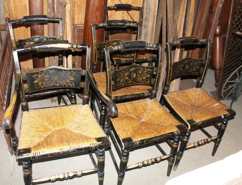 SET OF 6 Old Antique c1870s HITCHCOCK Stenciled Back CHAIRS Rush Seats SIGNED Cover