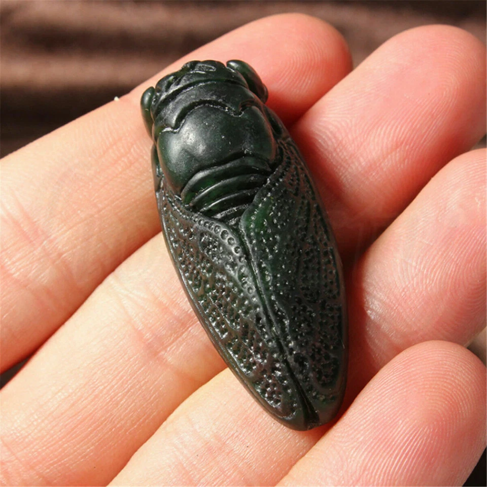 2pcs Natural Obsidian Green Jade Hand Carved Cicada Good Luck Jewelry Pendant