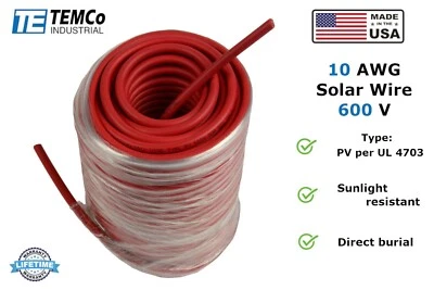 10 AWG Solar Panel Wire 100' Power Cable UL 4703 Copper MADE IN USA PV Gauge Red - Image 1 of 3