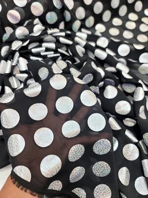 Black Chiffon Silver Hologram Polka Dots Fabric Sold By the Yard See Throug  - Image 1 of 4