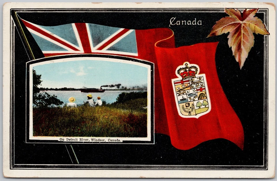 On Detroit River Windsor Ontario Patriotic Red Ensign Flag Stedman Postcard H72 - Image 1 of 2