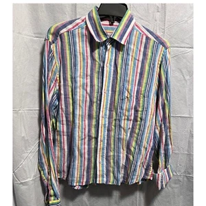 J McLaughlin Striped Linen Button Down Shirt Colorful Pocket Long Sleeve Size S - Picture 1 of 6