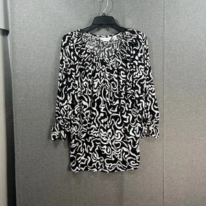 Top Susan Graver stampato a maglia liquida collo smock manica 3/4 nero, medio - Foto 1 di 8