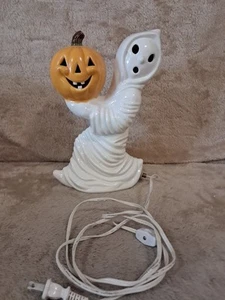 12” VTG Ceramic Halloween Ghost Holding Pumpkin Lighted Halloween Jack-o-lantern - Picture 1 of 16