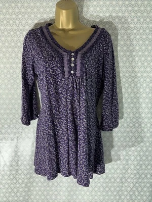 Womens BHS Uk 12 Purple Mix Ditsy Flower 3/4 Sleeve V Neck Casual Tunic T-shirt - Image 1 of 4
