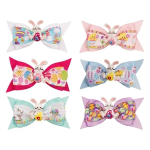 6pcs Easter Rabbit Hairpins Grosgrain Forked Tail Bowknot Hair Clips Kids - Picture 1 of 12