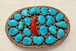 Vintage Navajo Türkis Koralle Gürtelschnalle Sterlingsilber Indianer 44 Gramm - Bild 1 von 6