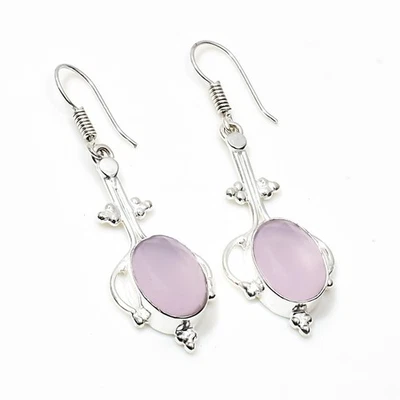 925 Sterling Silver Pink Rose Quartz Gemstone Handmade Jewelry Earring Size-1.8" - Image 1 of 4