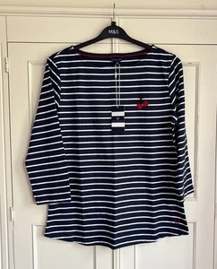 Women’s Crew Clothing ~ Breton Top Navy Stripe Embroidered Cherries ~Size 16 New - Picture 1 of 4