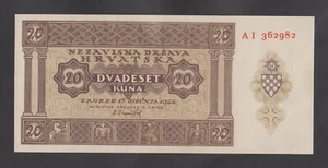 🔴CROATIA  20 Kuna 1944 UNC P9a  WW II ALLY OF NAZI GERMANY Serial No  AI 362982 - Picture 1 of 2