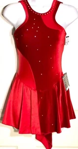 GK FIGURE SKATE DRESS ADULT SMALL RED HALTER VELVET NYLON/SPANDEX HALTER JA AS - Picture 1 of 8