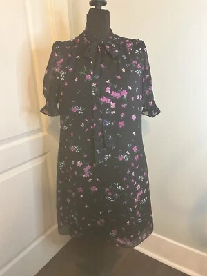 DKNY 黑色花卉印花内衬短袖领带及膝连衣裙女式 8 码 — 第 1/4 张图片