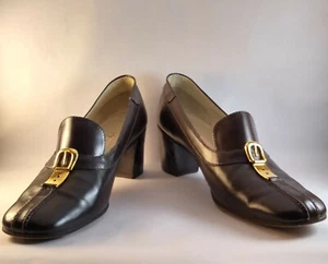 Vintage MONUMENTAL Gucci Vitello Maroon Brown Leather Stack Heels Buckle 41 B 11 - Picture 1 of 9