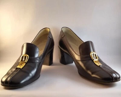 Vintage MONUMENTAL Gucci Vitello Maroon Brown Leather Stack Heels Buckle 41 B 11 - Image 1 of 4