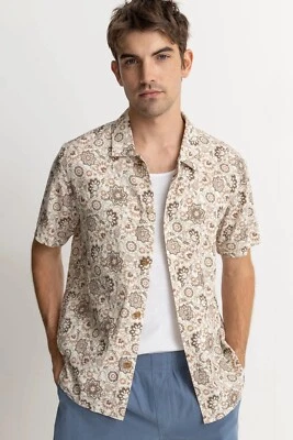 Camisa Rhythm Raya Paisley SS Mezcla de Lino Botones Natural Marrón Talla Grande Foto 1 de 4