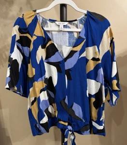 Nine West Abstract Tie Front Blouse Top White Blue XLarge Linen Blend - Picture 1 of 6