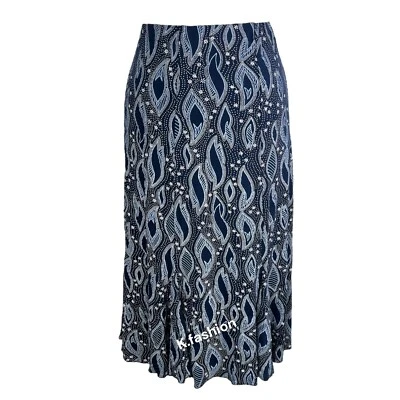 New Ladies Spiral Print Midi Calf Length Godet Skirt Flared Panel Stretchy UK - Image 1 of 4