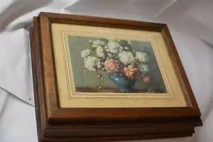 Antique Wood Jewelry Box Gold Gilt Regency Print Under Glass w/ Mirror Chic Old - Picture 1 of 14