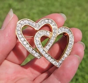 Bellissima spilla scintillante vintage due cuori uniti strass 2" VIDEO - Foto 1 di 10