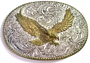 Crumrine Jewelers Western Belt Buckle Eagle Silverplate/Bronze Oval Buckle VTG - Picture 1 of 7