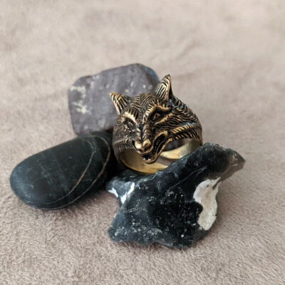 Anel masculino de bronze em forma de lobo animal feito à mão presente ucraniano tamanho único - Imagem 1 de 4