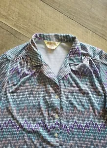 Vintage Sears The Shirt Polyester Pleated Button Up 16 Multicolor Chevron 70s - Picture 1 of 10