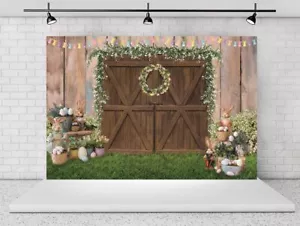 7x5ft Colored Wooden Easter Backdrop Green Plants Grasslands Rabbits Easter E... - Picture 1 of 6